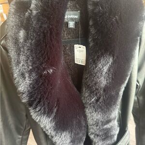 Le Chateau Black Leather Jacket with Faux Fur Collar